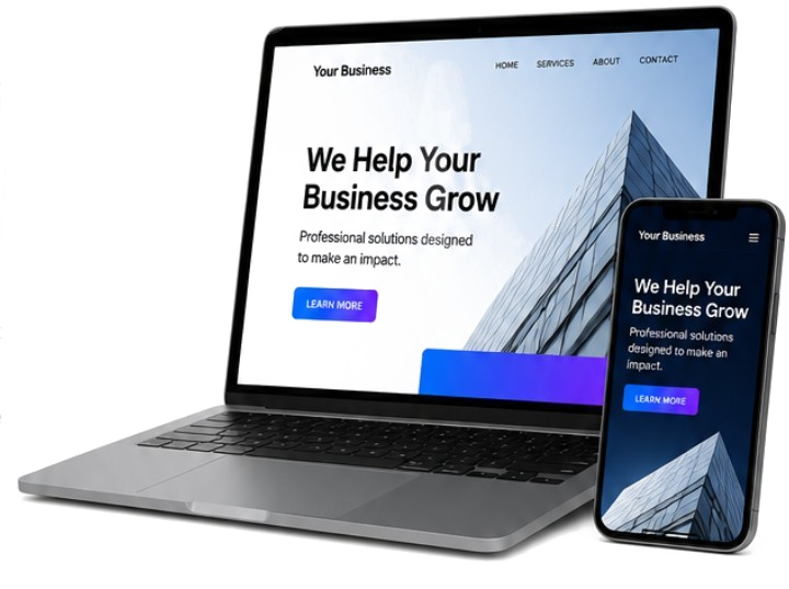 A clean small-business website shown on a laptop and phone